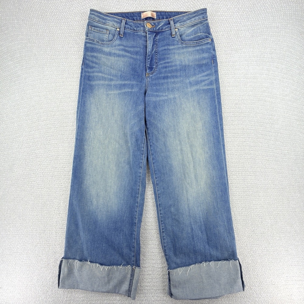 KUT From The Kloth Meg Jeans Women 8 High Rise Wide Leg Cuffed Raw Hem Blue